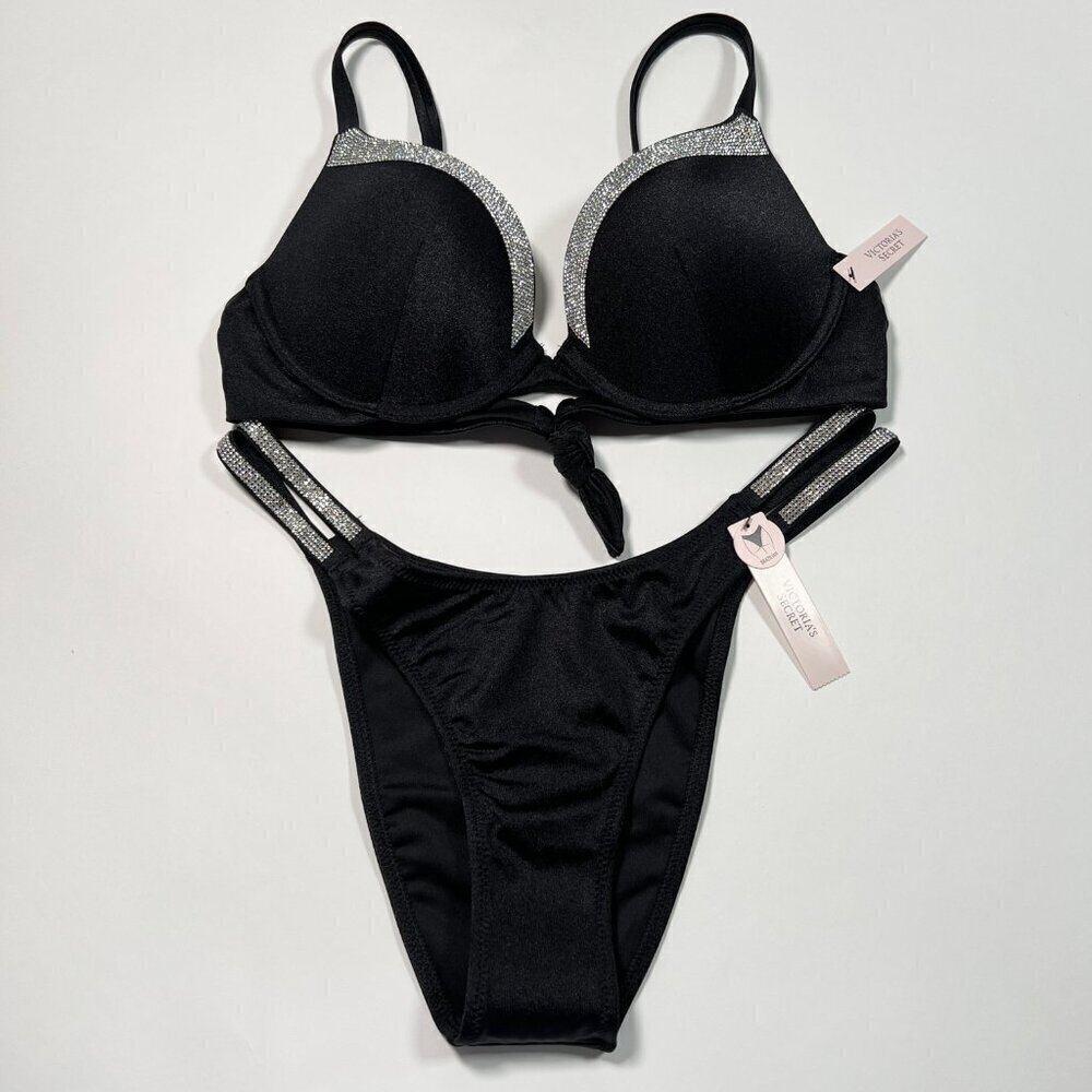 Victoria Secret 36B M VERY SEXY Push Up Bikini Top Bottom Set Shine Strap Black